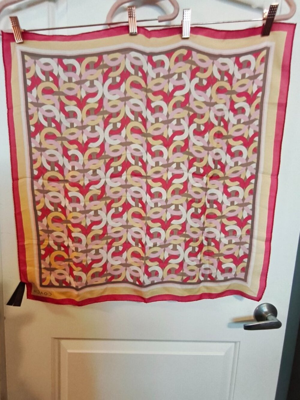 COACH 100% Silk 35" X 35" Signature C Pink, Cream & Gold Geometric Scarf - Picture 10 of 12